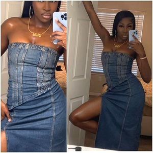 Zara  denim * strapless midi dress slit size XS